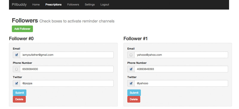 With the followers page users can control which caregivers are notified with reminders when pills are not taken